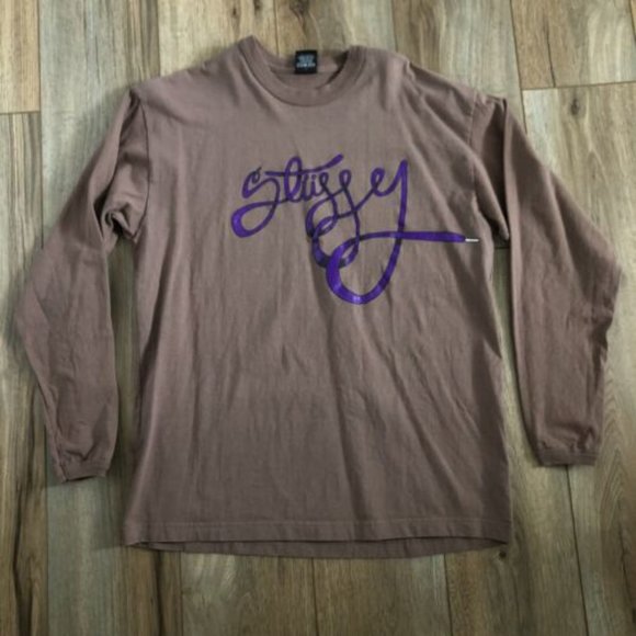 Vintage Stussy T Shirt Mens Large Long Sleeve Brown Logo Tee Skateboard Hip Hop - Picture 1 of 3